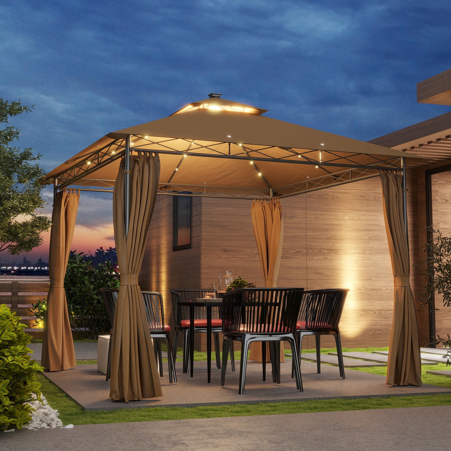 3 x 3 m Double Roof Outdoor Gazebo with Curtains, Brown