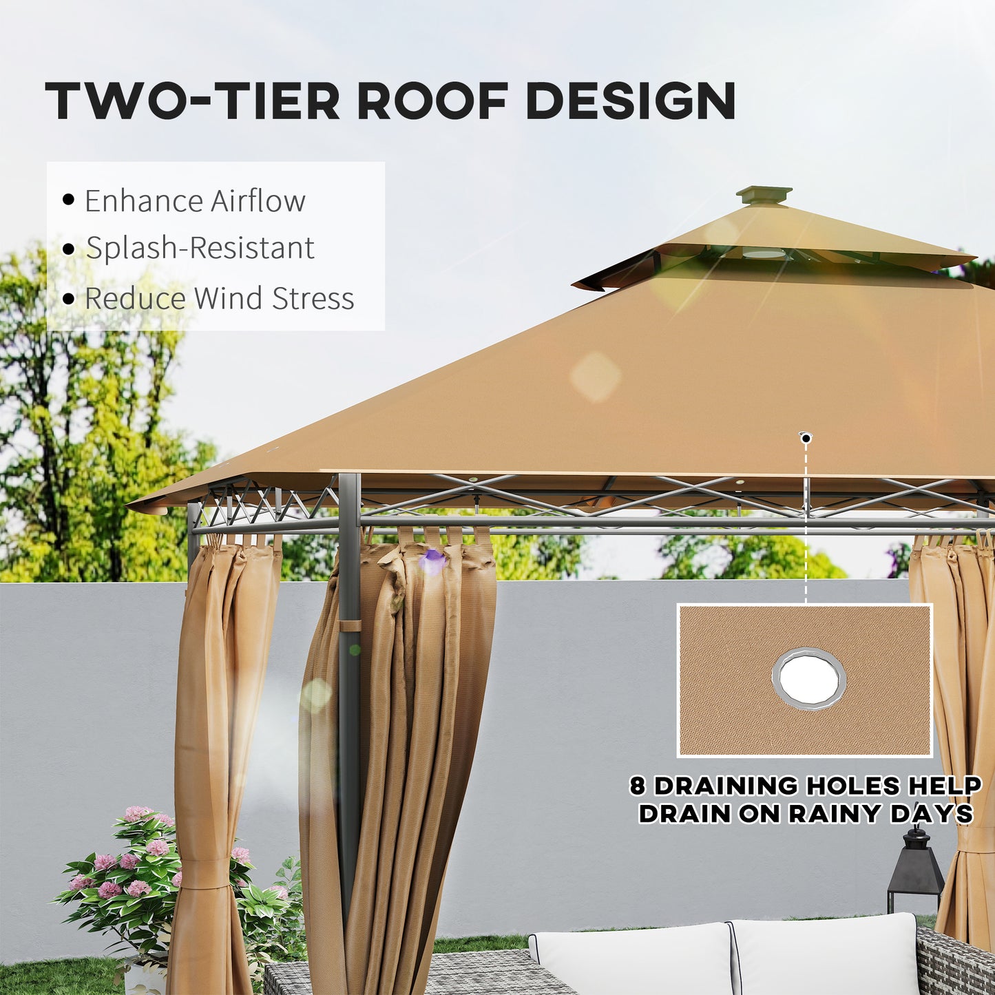 3 x 3 m Double Roof Outdoor Gazebo with Curtains, Brown