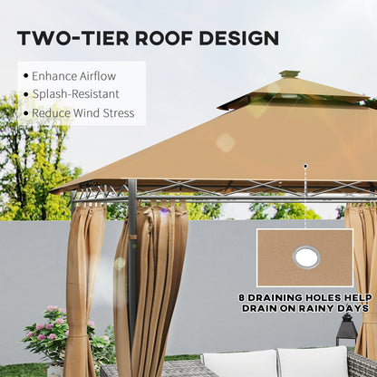 3 x 3 m Double Roof Outdoor Gazebo with Curtains, Brown