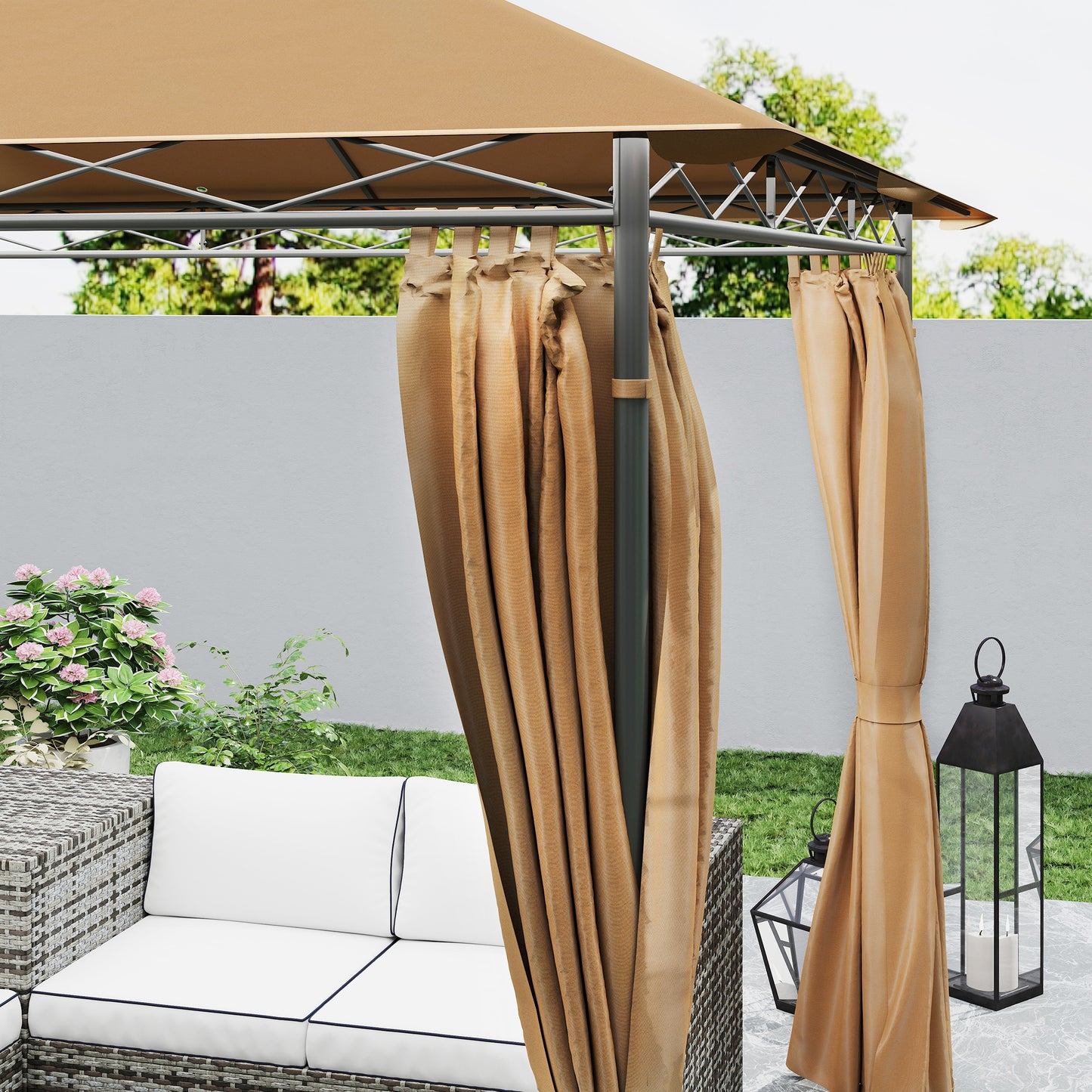 3 x 3 m Double Roof Outdoor Gazebo with Curtains, Brown