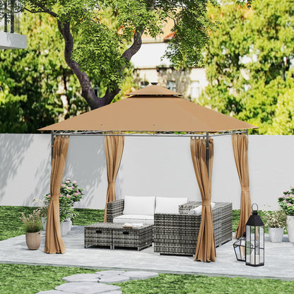 3 x 3 m Double Roof Outdoor Gazebo with Curtains, Brown
