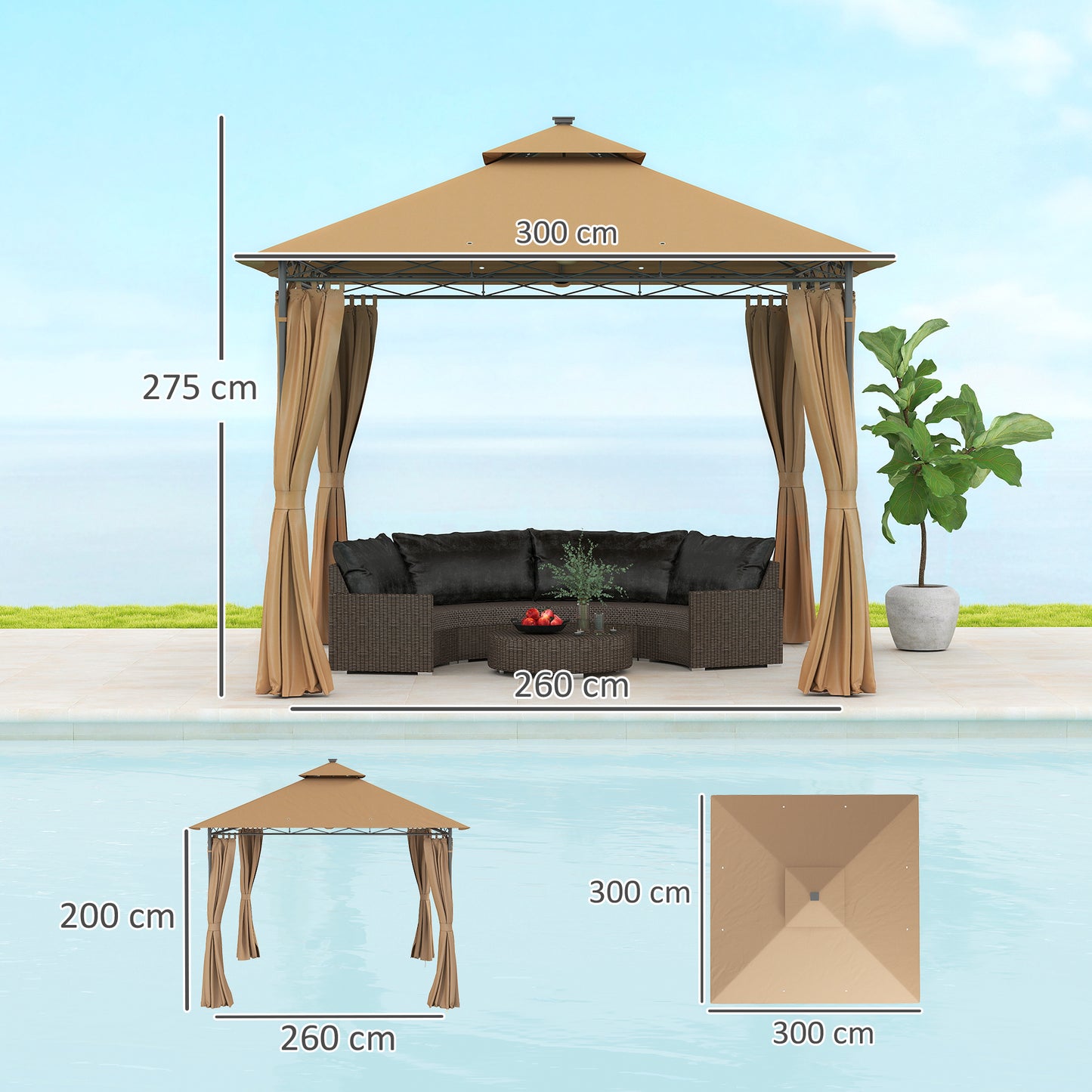 3 x 3 m Double Roof Outdoor Gazebo with Curtains, Brown