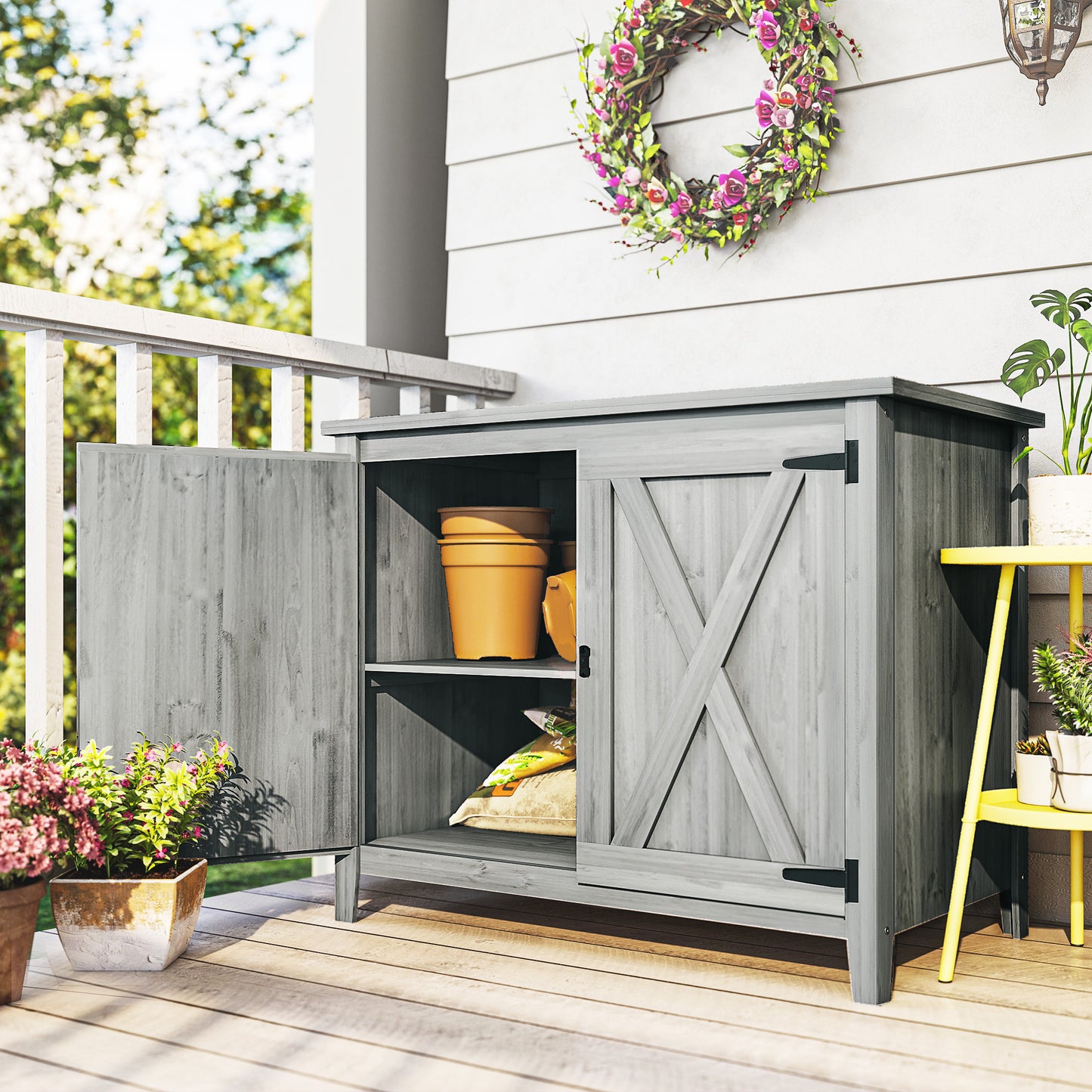 Wooden Garden Shed Tool Cabinet 110 x 60 x 88.5 cm, Light Grey