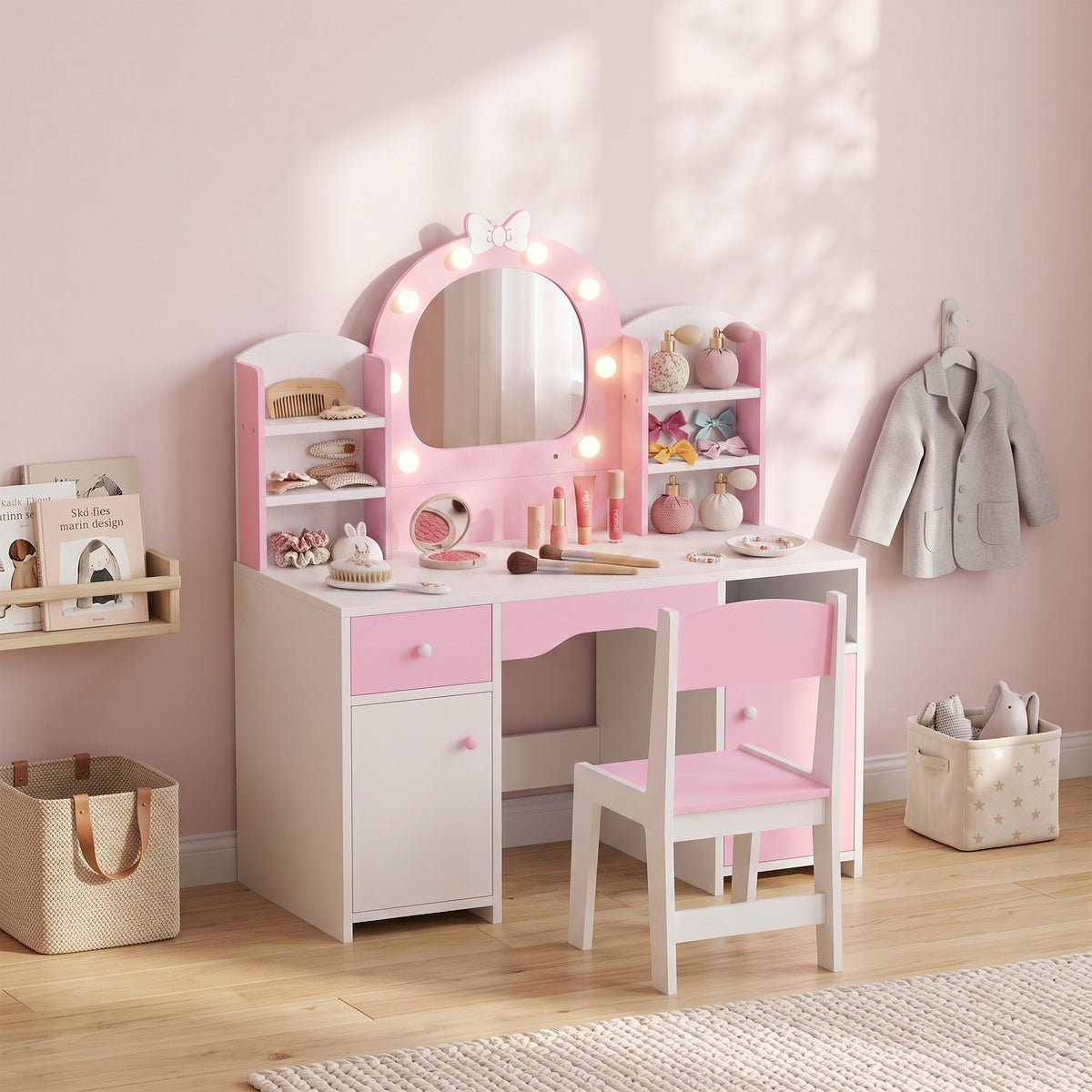 Kids Dressing Table with Stool, Lighted Mirror, Pink
