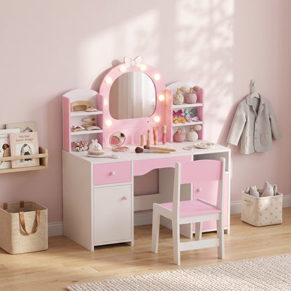 Kids Dressing Table with Stool, Lighted Mirror, Pink