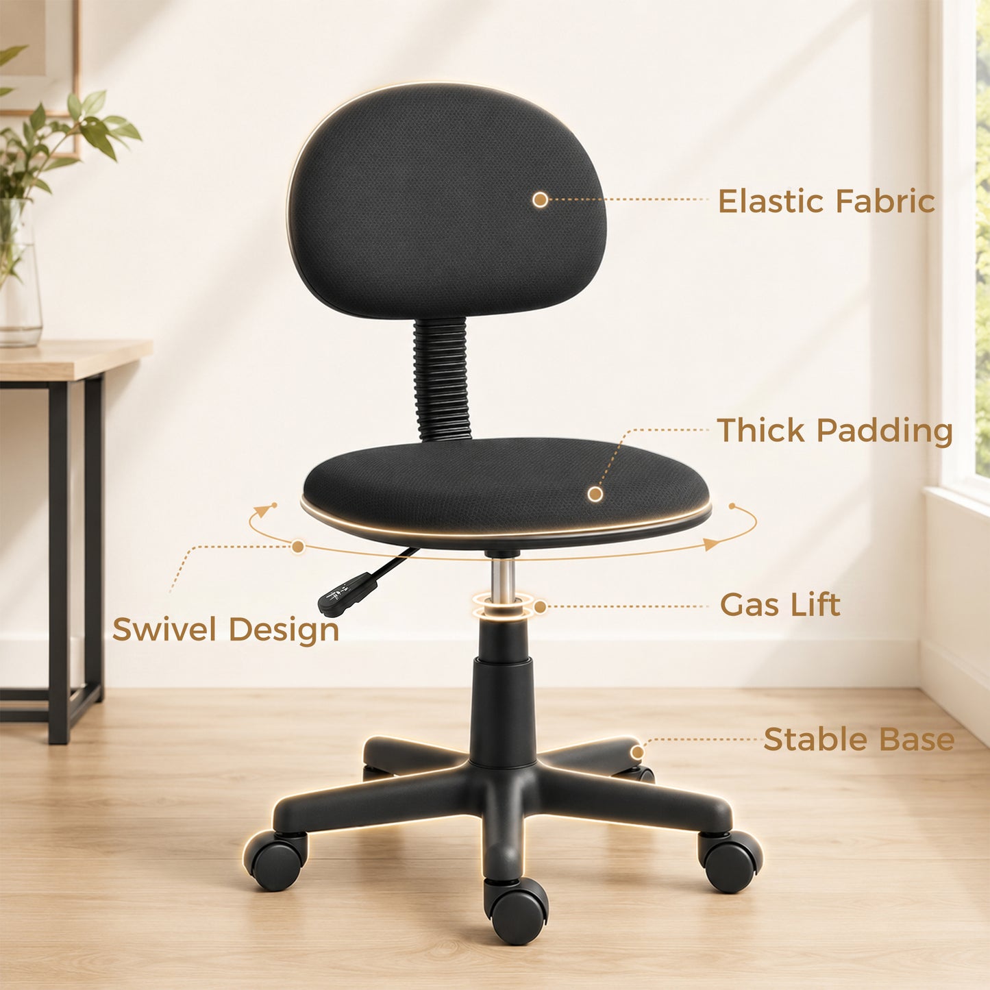 Armless Office Chair with Adjustable Height, 360 Swivel Wheels, Black