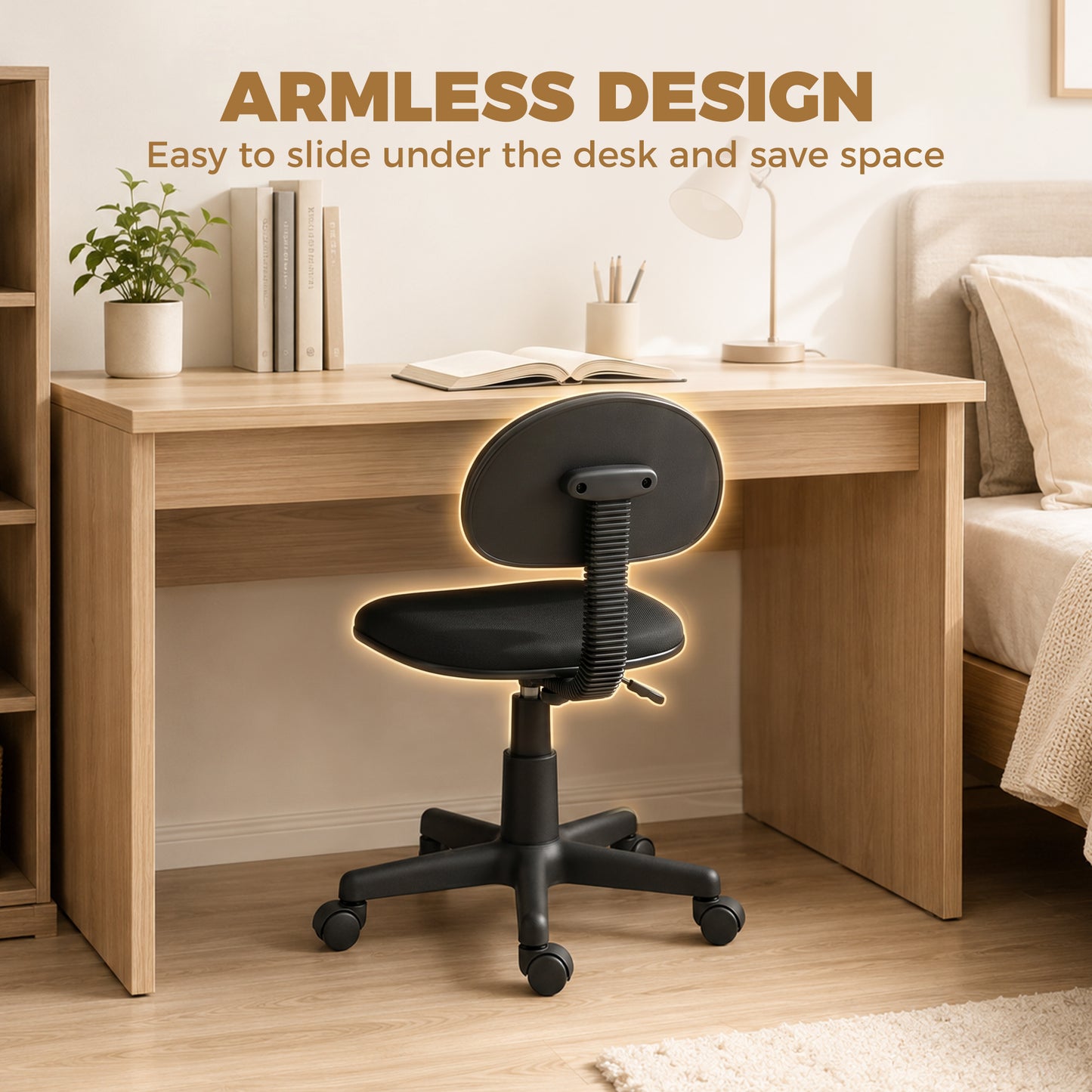 Armless Office Chair with Adjustable Height, 360 Swivel Wheels, Black