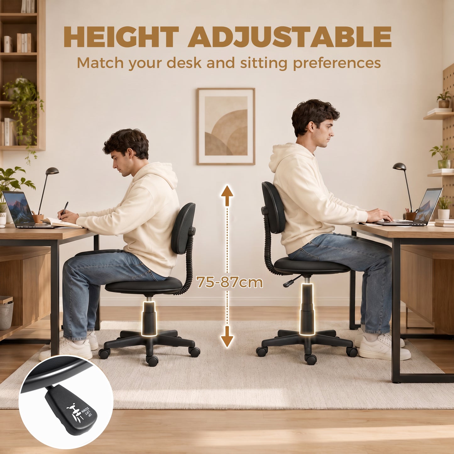 Armless Office Chair with Adjustable Height, 360 Swivel Wheels, Black