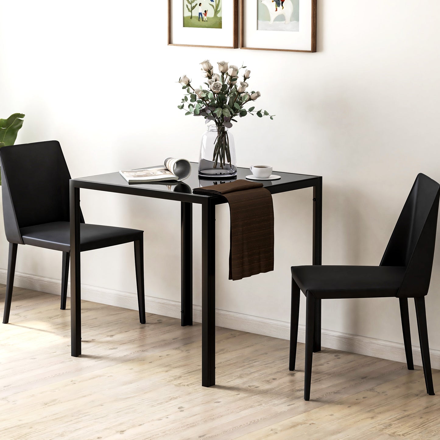 Modern Square Dining Table with Tempered Glass Top Metal Legs