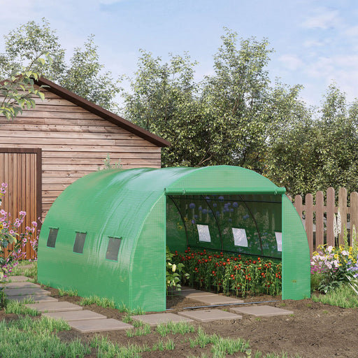 Walk-In Polytunnel Greenhouse, Outdoor Garden Greenhouse with PE Cover, Zippered Roll Up Door and 6 Windows, 4 x 3 x 2 m, Green