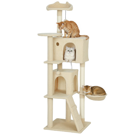 160cm Cat Tree Tower with Sisal Scratching Posts, Condos, Beige