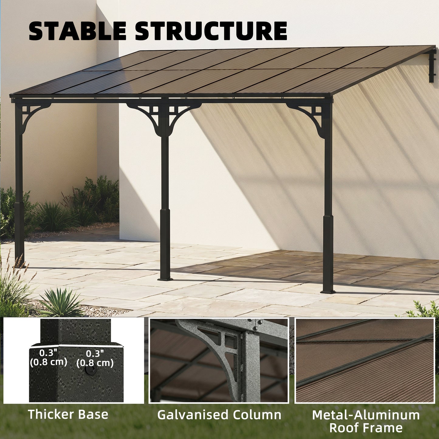 4 x 3 m Metal Lean-to Hardtop Gazebo, Wall-Mounted Pergola