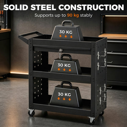 3-Tier Shelf Tool Cart with Pegboards and Drawer, Storage Trolley Wheel Cart with Brakes for Garage Workshop Warehouse, Black