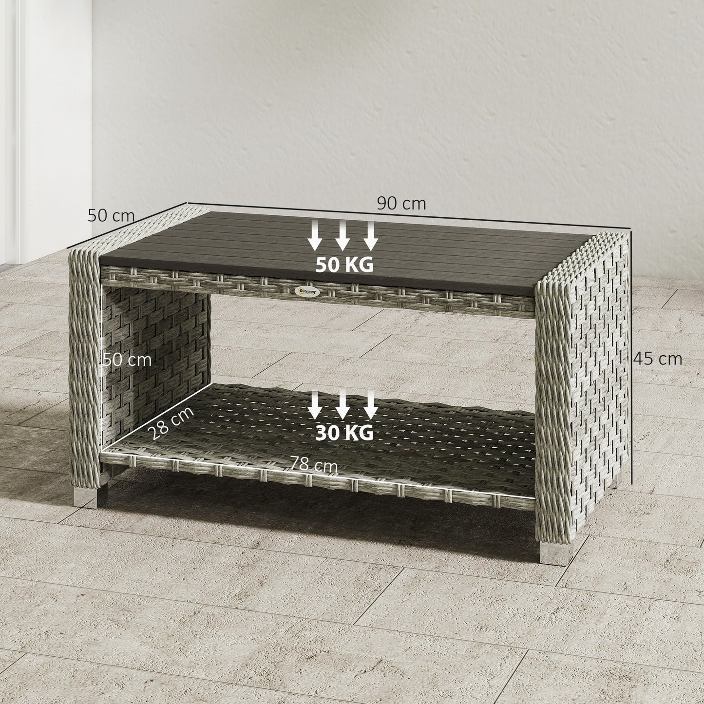 Outdoor Coffee Table with Storage Shelf and Slatted Top, Grey