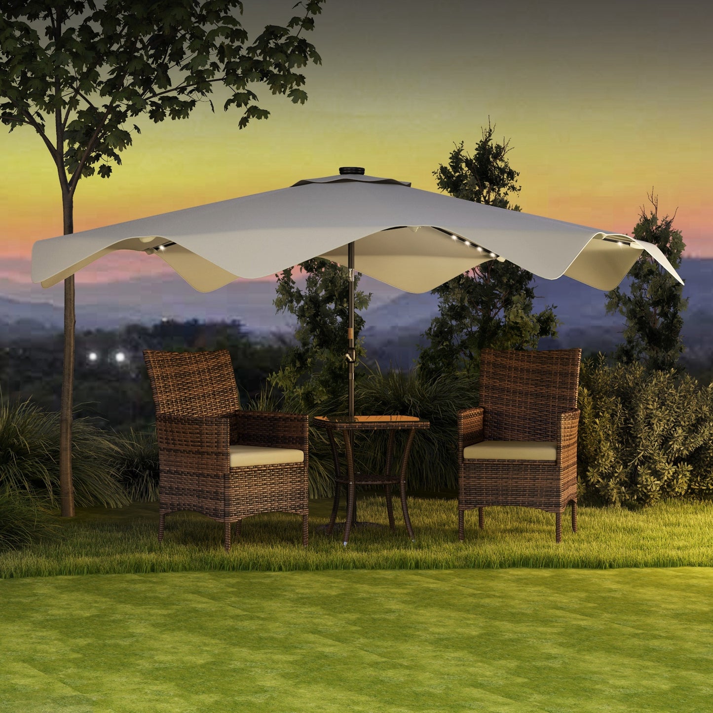 Solar Patio Umbrella with LED and Tilt, Outdoor Market Table Umbrella Parasol with Crank, 3 x 3 (m), Cream White
