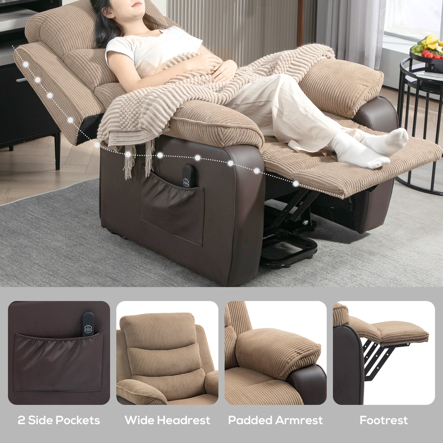 Power Lift Riser and Recliner Chair with Remote Control, Brown
