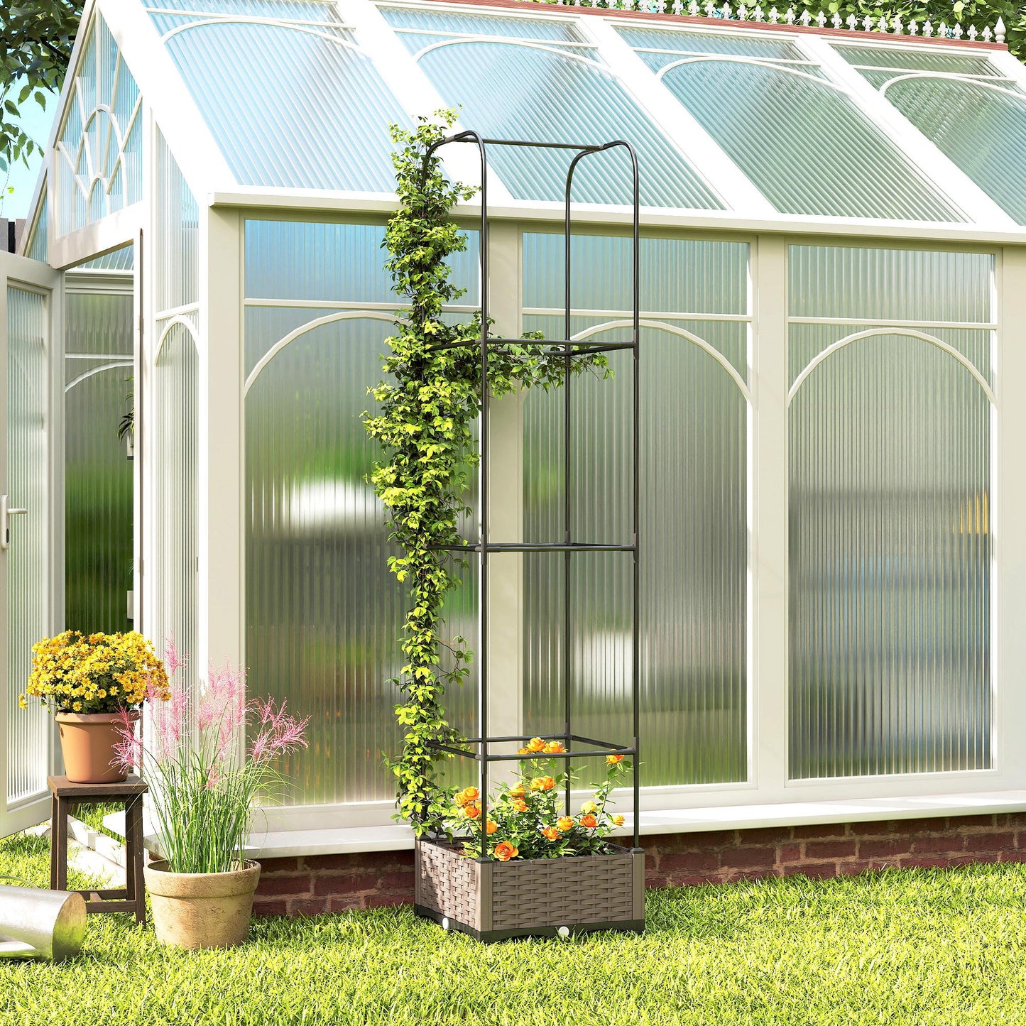 Raised Garden Bed with Trellis and Drainage Holes, Drain Plugs