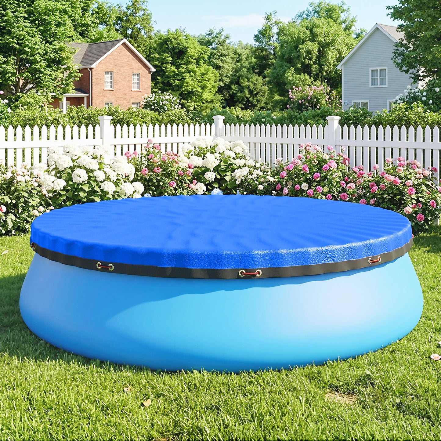 10 ft Round Swimming Pool Cover with Secure Rope, Tightener, Blue