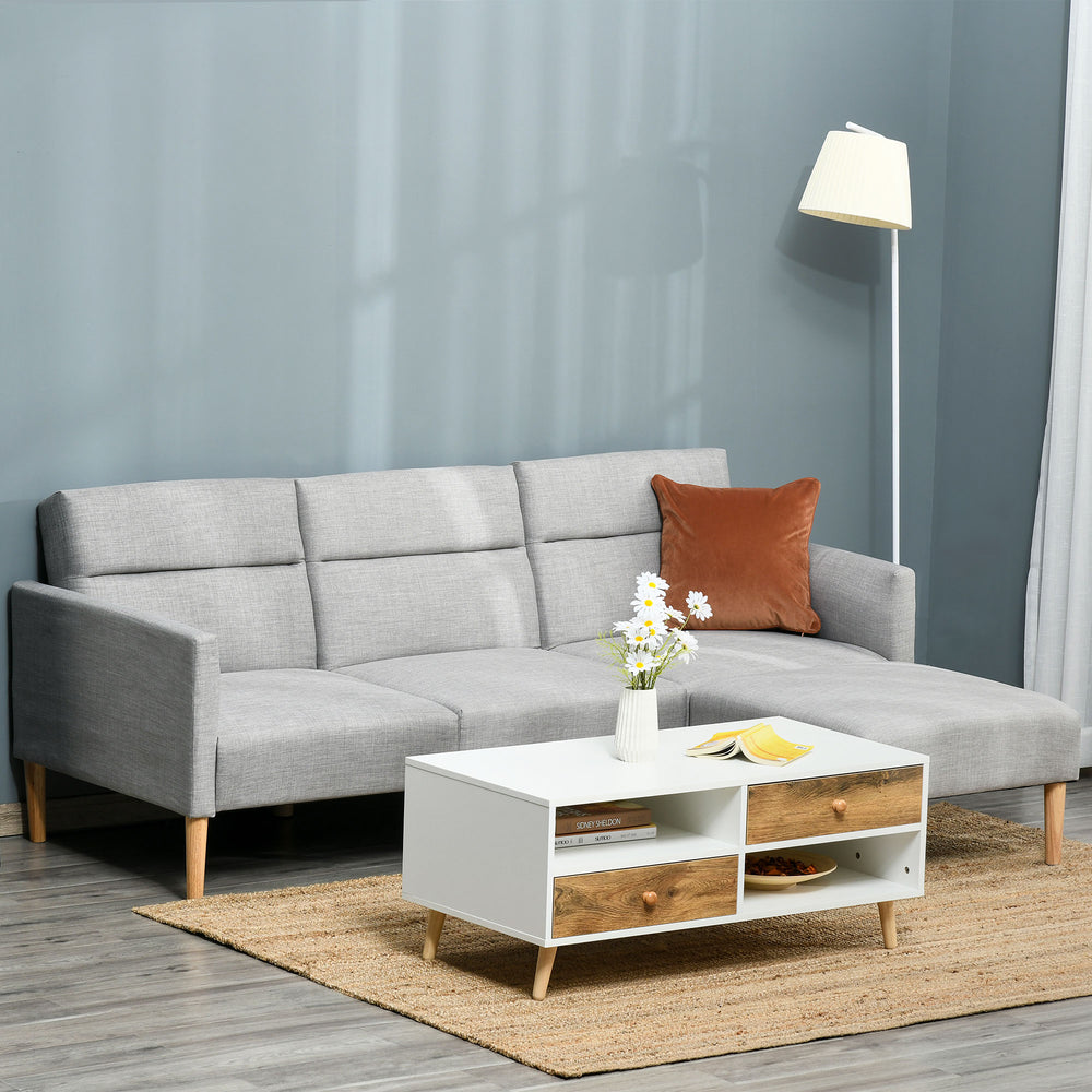 L Shape Sofa Bed Set, Linen Fabric Corner Sofa Bed with Rubber Wood Legs and Footstool, Grey