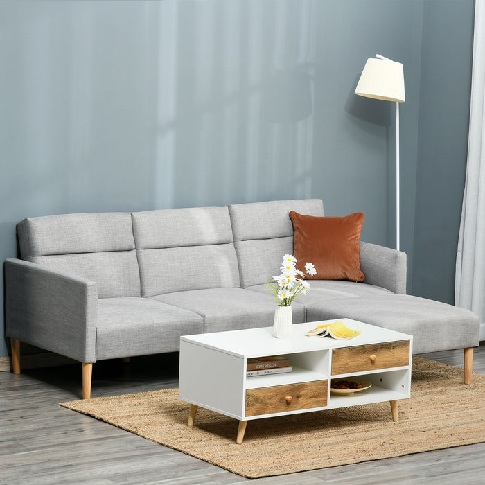 OUT OF STOCK - L Shape Sofa Bed Set, Linen Fabric Corner Sofa Bed with Rubber Wood Legs and Footstool, Light Grey