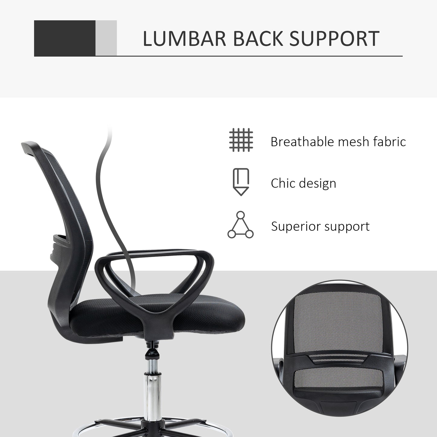Vinsetto Ergonomic Mesh Back Draughtsman Chairs Tall Office Chair with Adjustable Height and Footrest 360¬¨‚àû Swivel