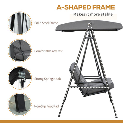 2 Seater Garden Swing Chair Outdoor Hammock Bench with Steel Frame Adjustable Tilting Canopy for Patio, Grey