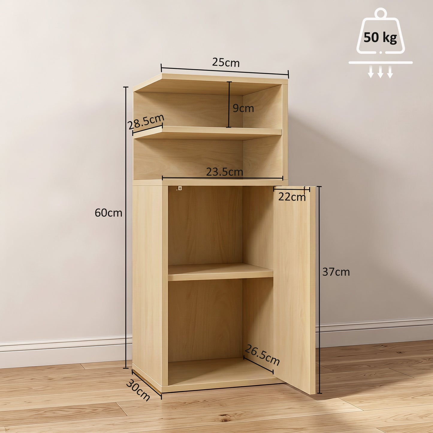 Slim Bedside Table Set of 2 with Open Cubbies and Cupboard, Oak