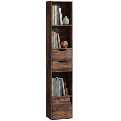 158 cm Bookcase with Drawers, 3-Tier Bookshelf, Slim Storage Cabinet with Doors, Adjustable Shelf for Living Room, Bedroom, Home Office, Rustic Brown