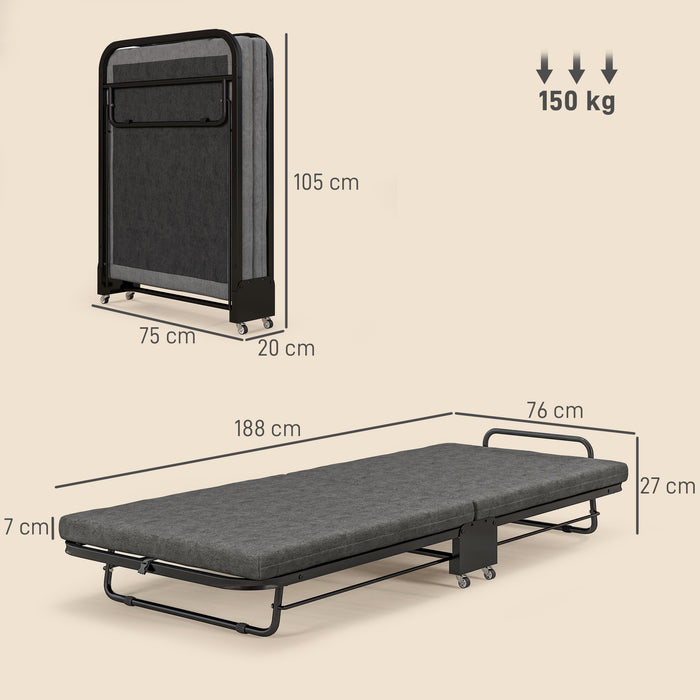 Single Folding Bed with Mattress Foldable Guest Bed on Wheels, Grey