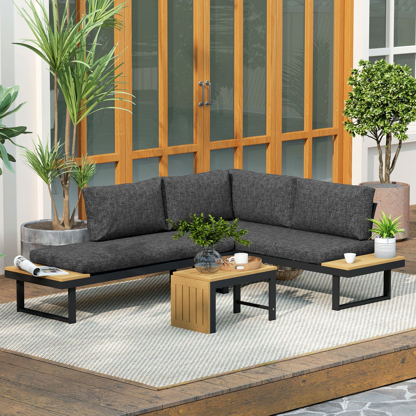 4 Seater L Shaped Aluminium Garden Furniture Set with Coffee Table
