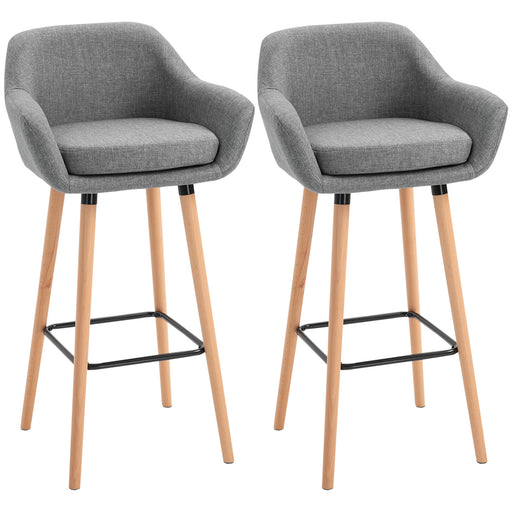 Set of 2 Bar Stools Modern Upholstered Seat Bar Chairs w/ Metal Frame, Solid Wood Legs Living Room Dining Room Fabric Furniture - Grey