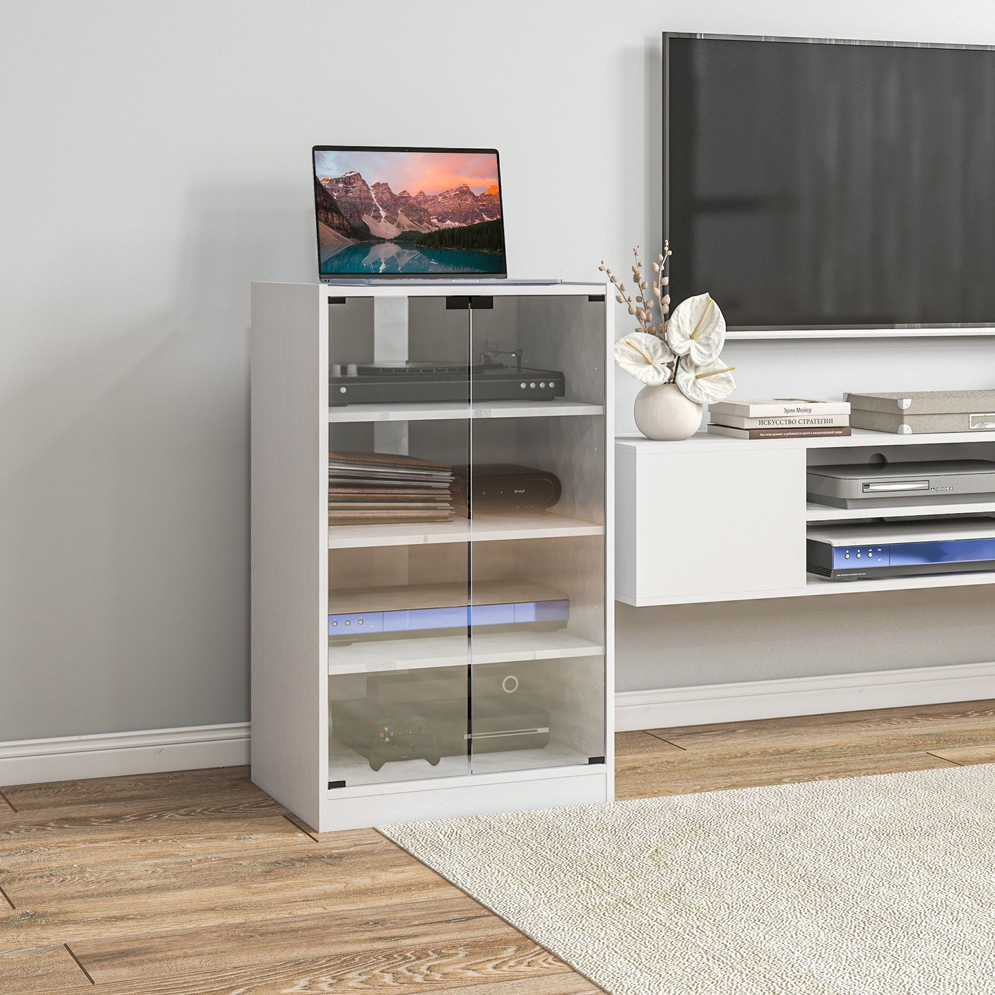 4-Tier Hi-Fi Stand with Adjustable Shelves, White Wood-Effect