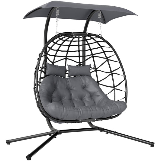 Rattan Double Hanging Egg Chair with Canopy, Cushion, Black