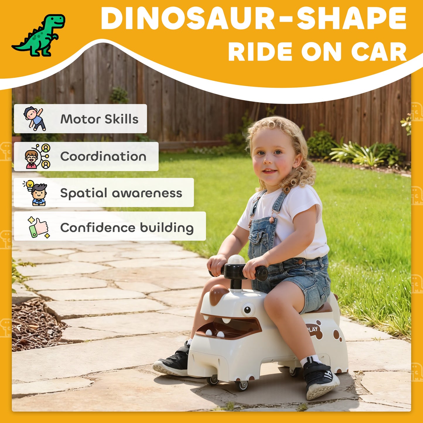Kids Ride On Car, Dinosaur Shape Toddler Walker, Cream