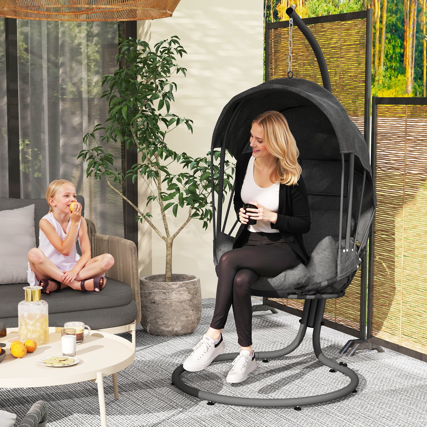 Hanging Egg Chair w/ Stand Retractable Canopy, Grey