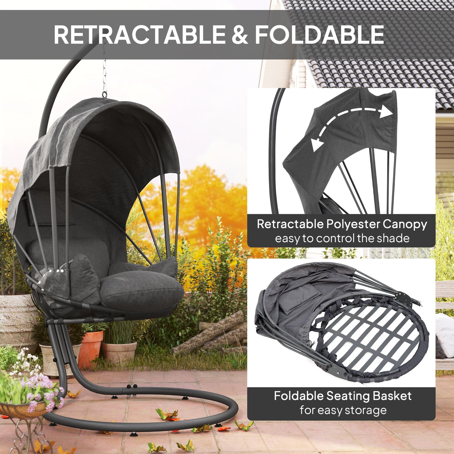 Hanging Egg Chair w/ Stand Retractable Canopy, Grey