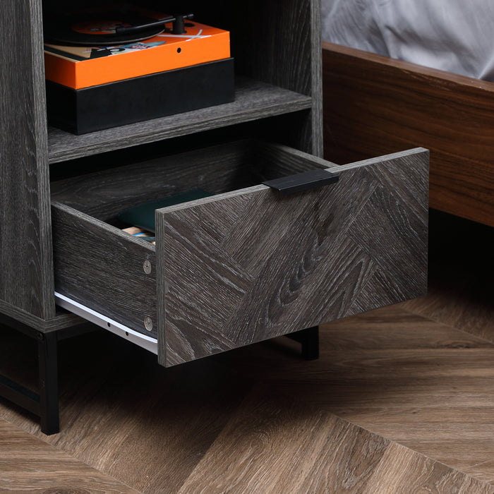 Bedside Table with Drawer and Shelf, Side End Table with Steel Legs for Living Room, Bedroom, Grey