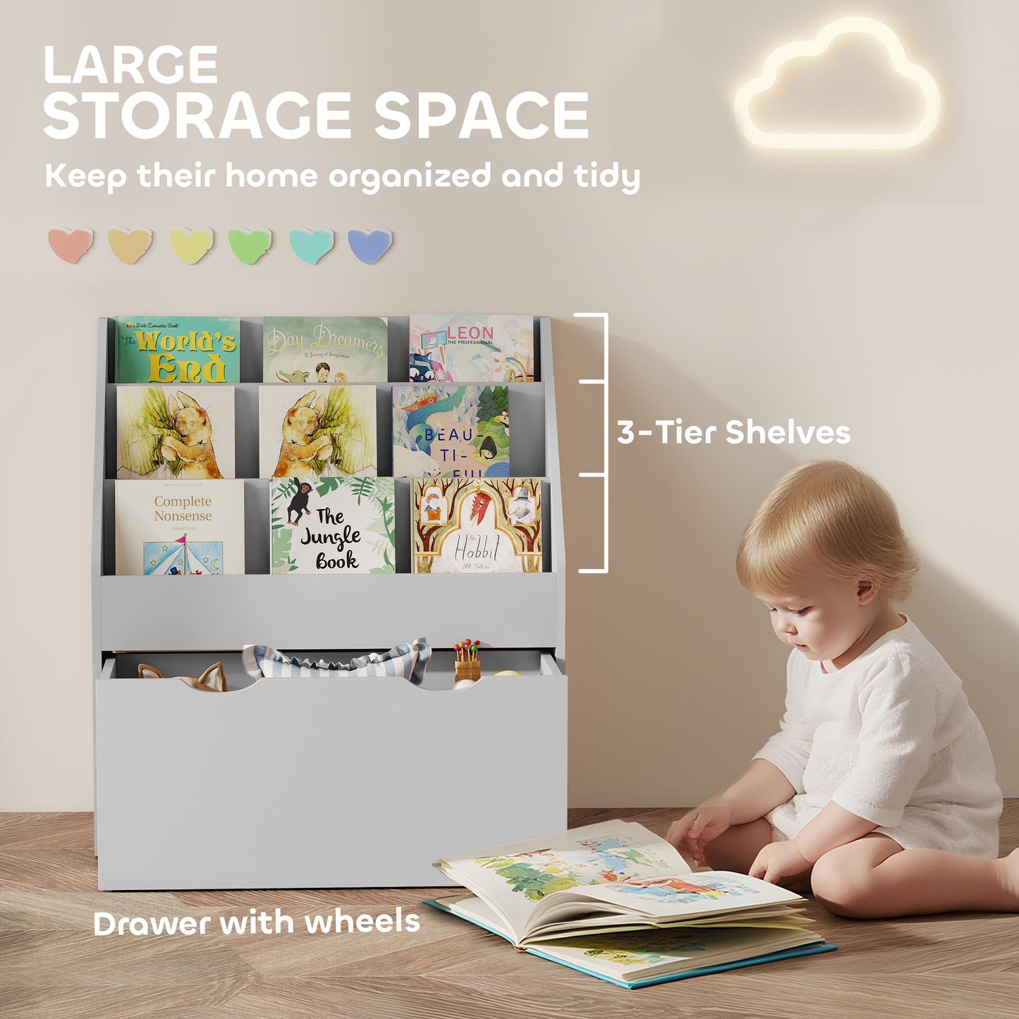 Kids Bookcase w/ 3 Tier Shelves, Drawer, for Bedroom, Nursery, Grey