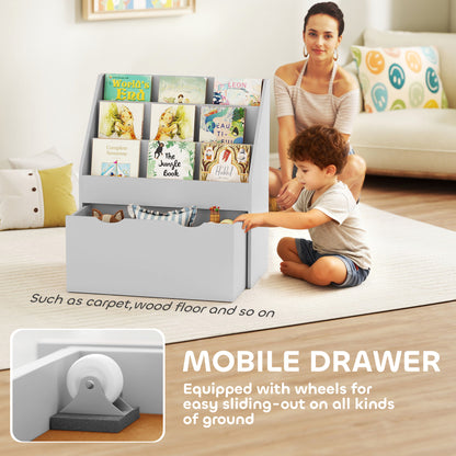 Kids Bookcase w/ 3 Tier Shelves, Drawer, for Bedroom, Nursery, Grey