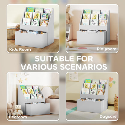 Kids Bookcase w/ 3 Tier Shelves, Drawer, for Bedroom, Nursery, Grey