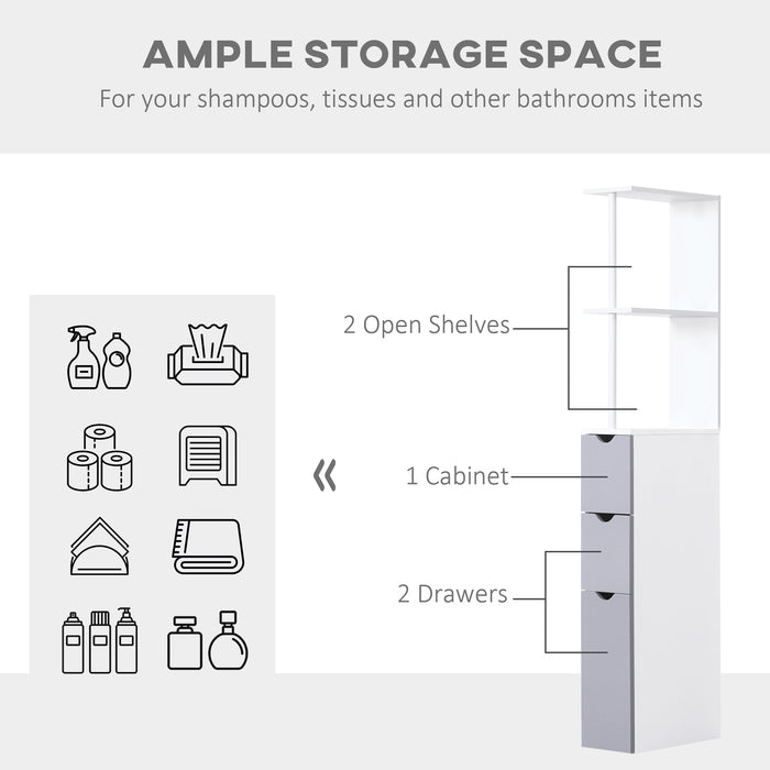 Slimline Bathroom Storage Free-Standing Bathroom Cabinet Unit Tall Shelf Toilet Tissue Cupboard w/Drawers - Grey and White