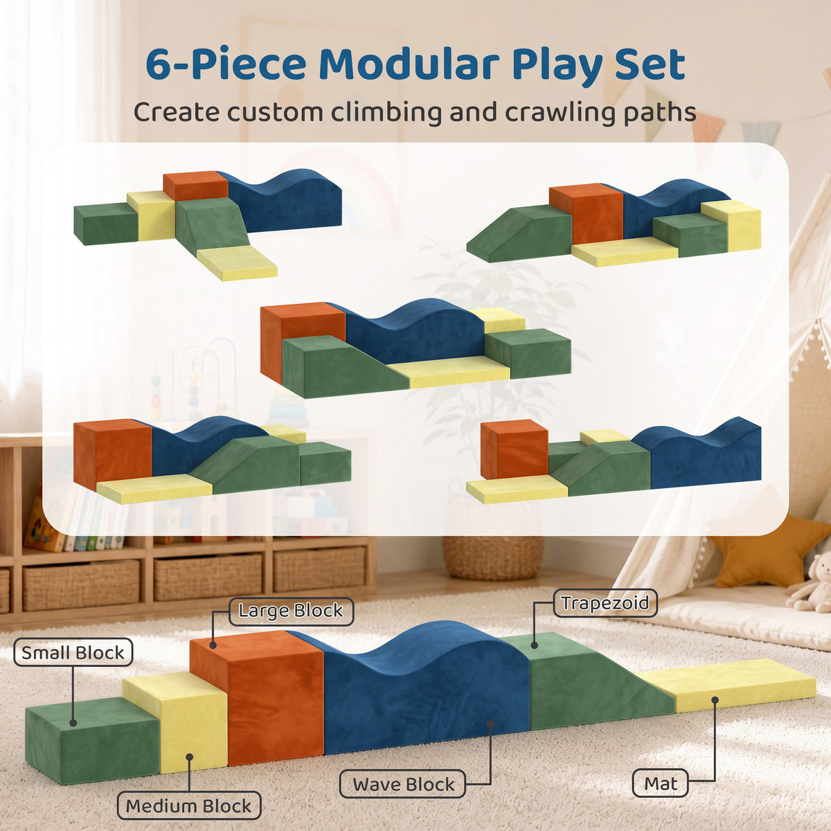 6 Piece Foam Soft Play Climbing Set with Non-Slip Bases - Multicolour