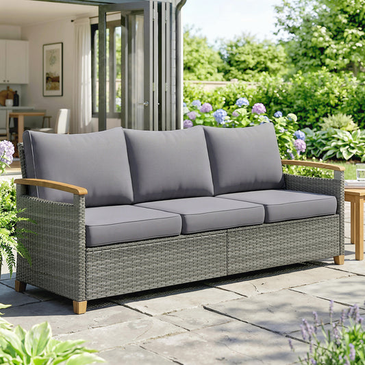 3 Seater Rattan Garden Sofa with Cushioned Wide Seats, Dark Grey