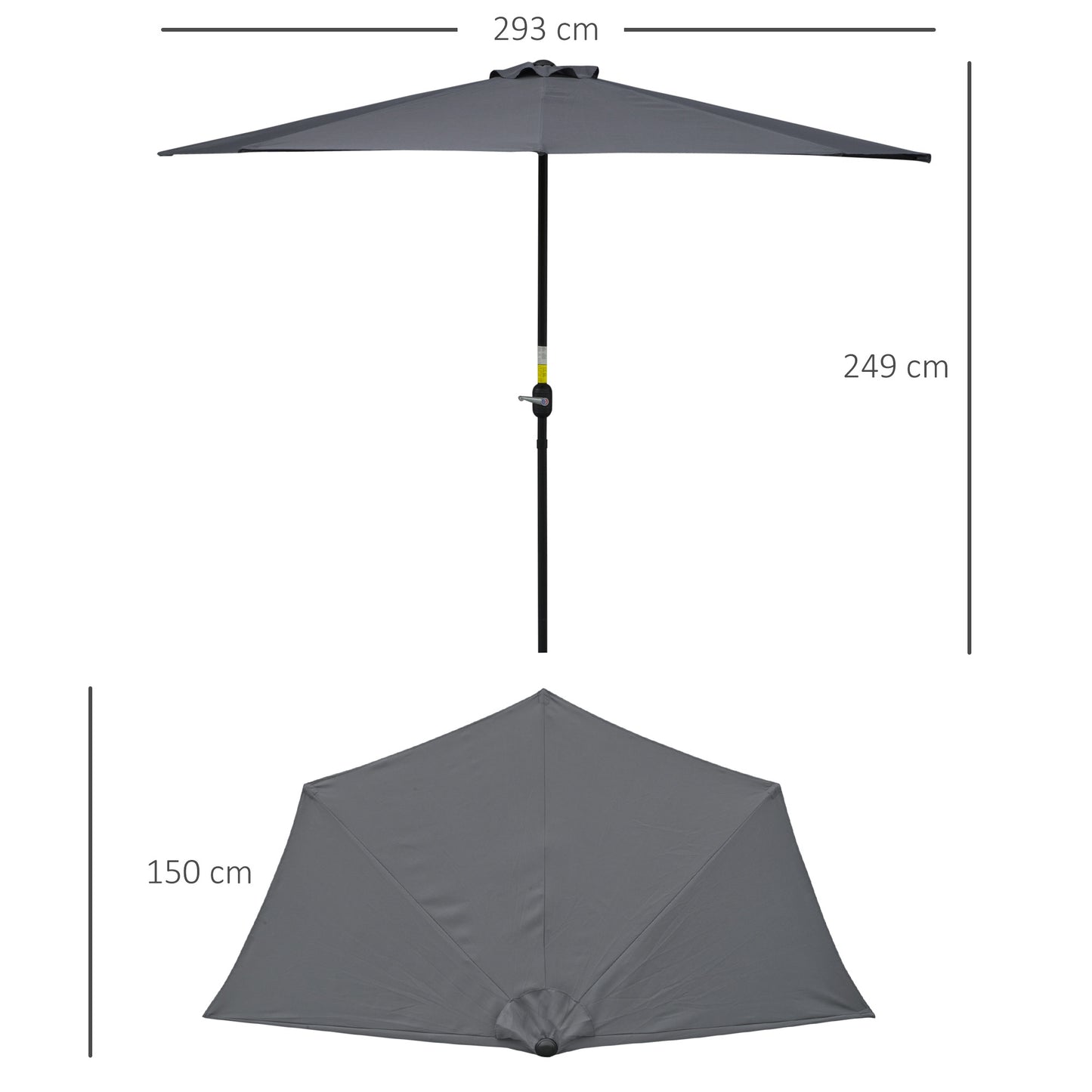 3 m Half Round Umbrella Parasol-Grey Polyester/Aluminum