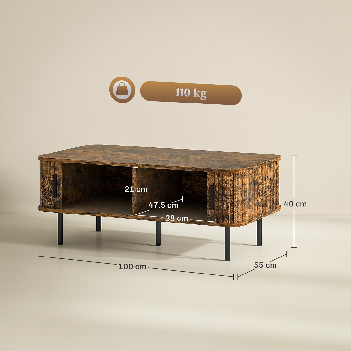 Coffee Table with Storage and Sliding Doors for Living Room, Brown