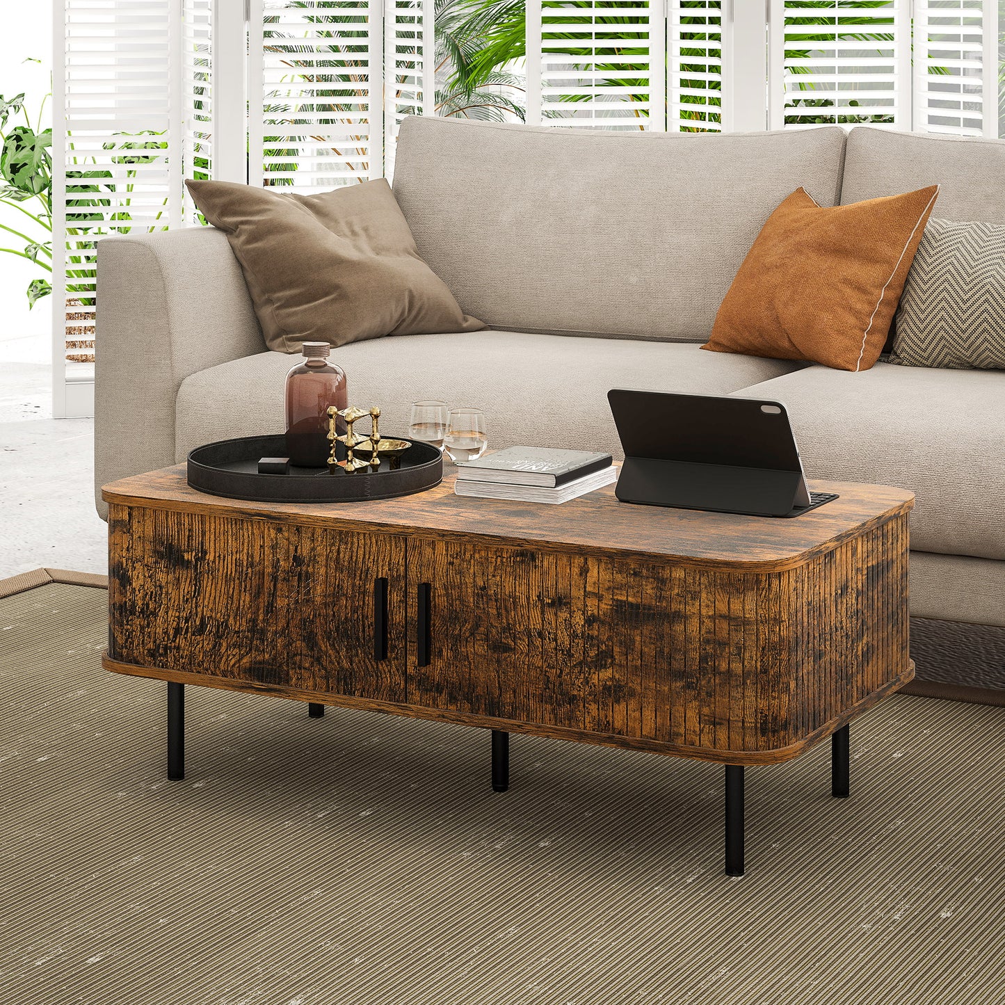 Coffee Table with Storage and Sliding Doors for Living Room, Brown