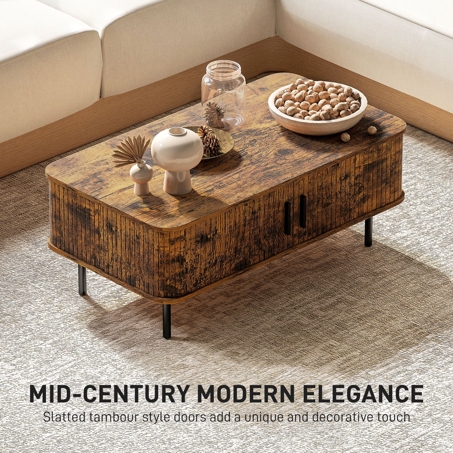 Coffee Table with Storage and Sliding Doors for Living Room, Brown