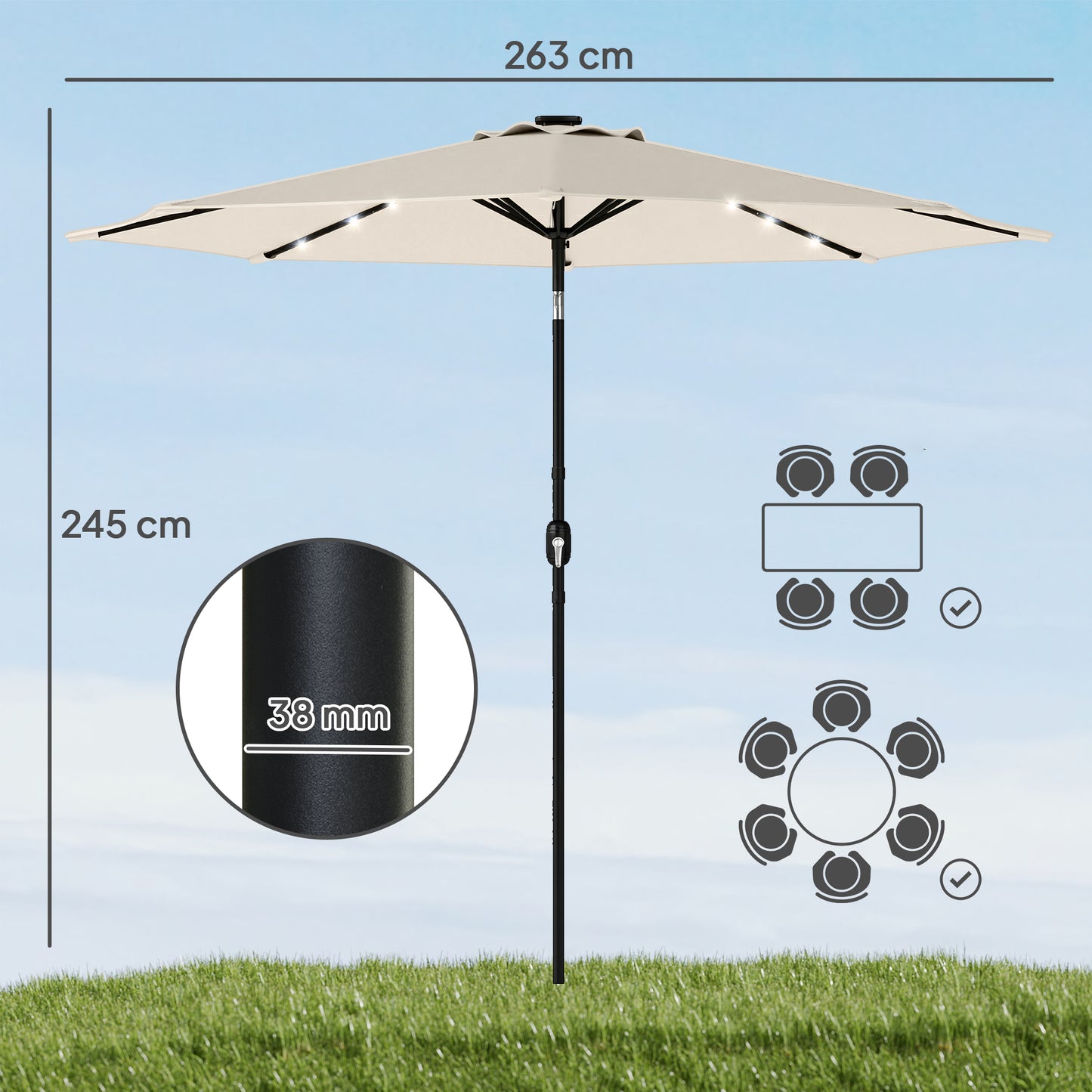 2.6 m Garden Parasol Umbrella with Light, Outdoor Patio Umbrella