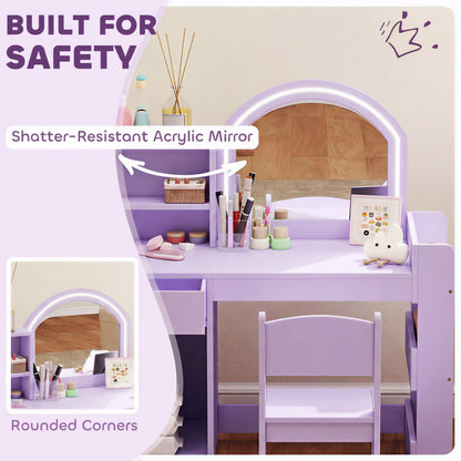Kids Dressing Table with 2-Colour LED Mirror and Stool, Purple