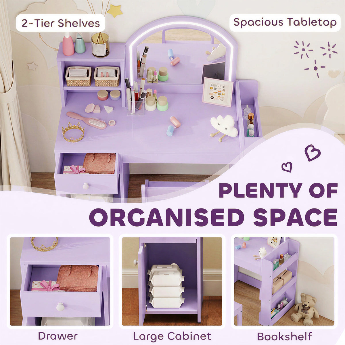 Kids Dressing Table with 2-Colour LED Mirror and Stool, Purple